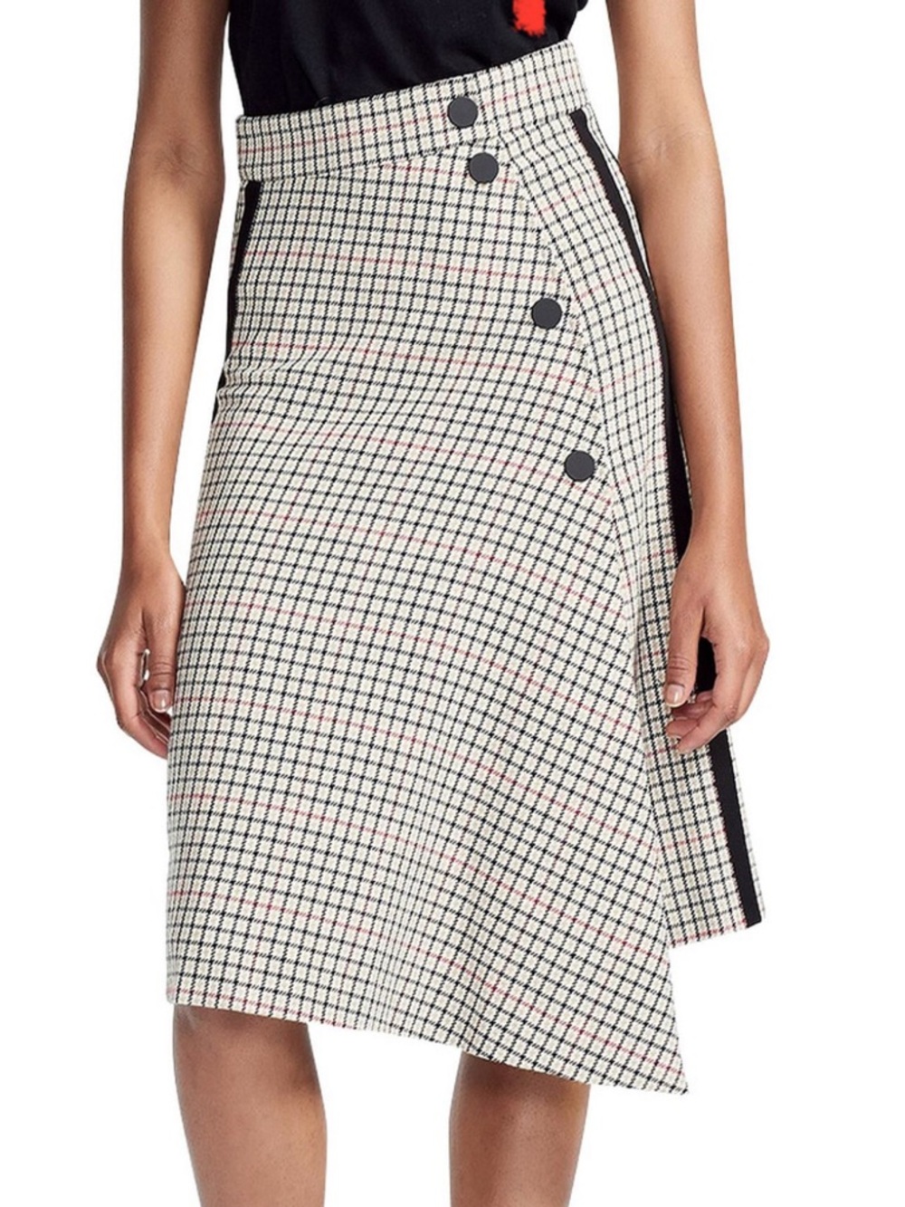Maje Cream and Black Checked Asymmetrical Midi Skirt